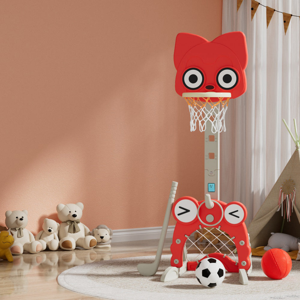 Red 5-in-1 kids adjustable basketball hoop stand and sports activity center with included balls. — view 5