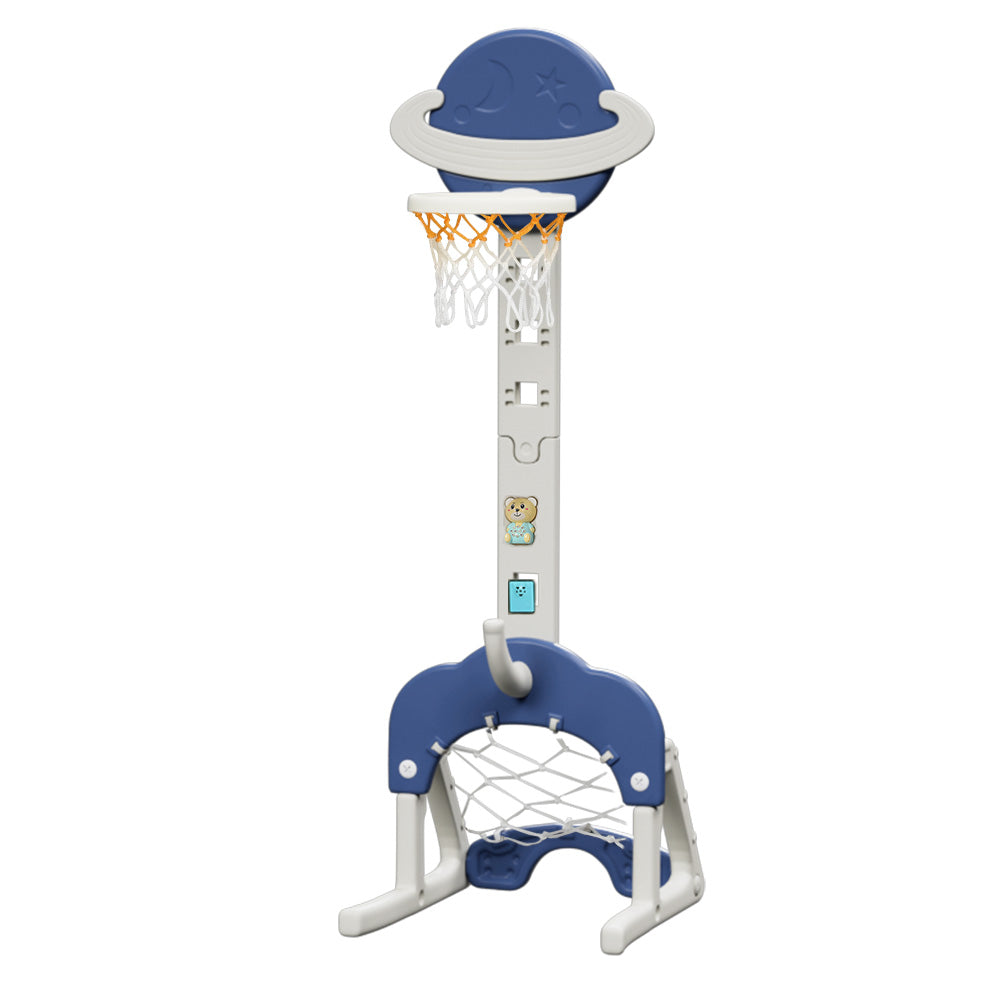 Blue 6-in-1 kids adjustable basketball hoop and multi-sport activity center with soccer goal and golf