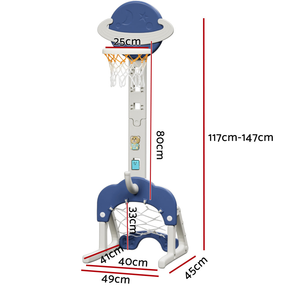 Blue 6-in-1 kids adjustable basketball hoop and multi-sport activity center with soccer goal and golf — view 2