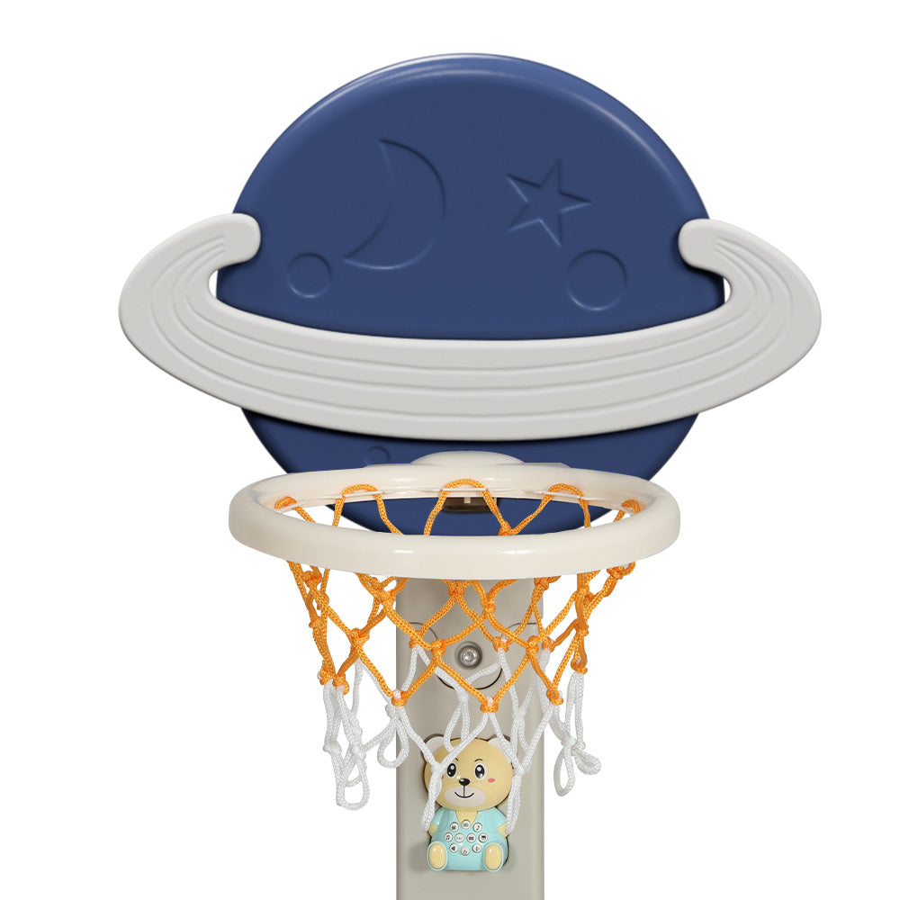 Blue 6-in-1 kids adjustable basketball hoop and multi-sport activity center with soccer goal and golf — view 3