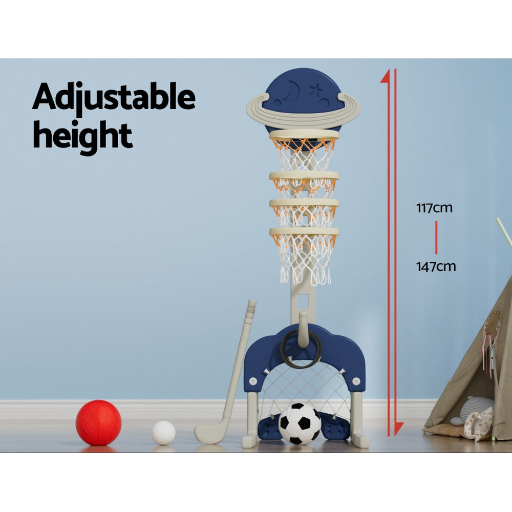 Blue 6-in-1 kids adjustable basketball hoop and multi-sport activity center with soccer goal and golf — view 5