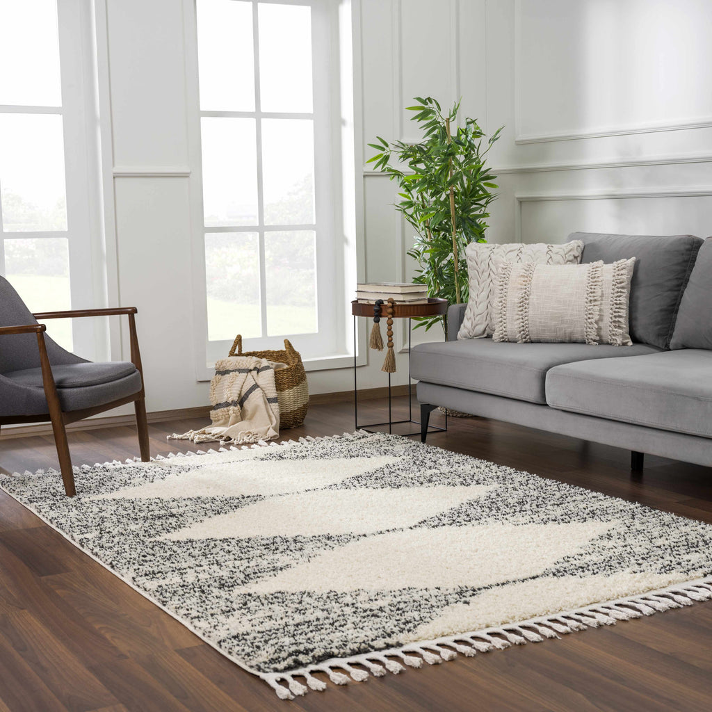 Howth plush contemporary area rug in neutral gray, beige, and brown with a geometric pattern. — view 5