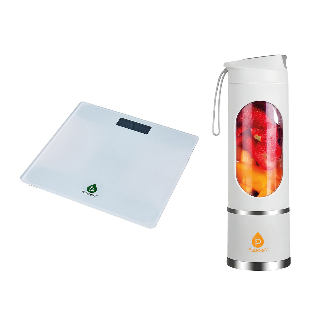 Portable blender cup and tempered glass digital bathroom scale wellness bundle set