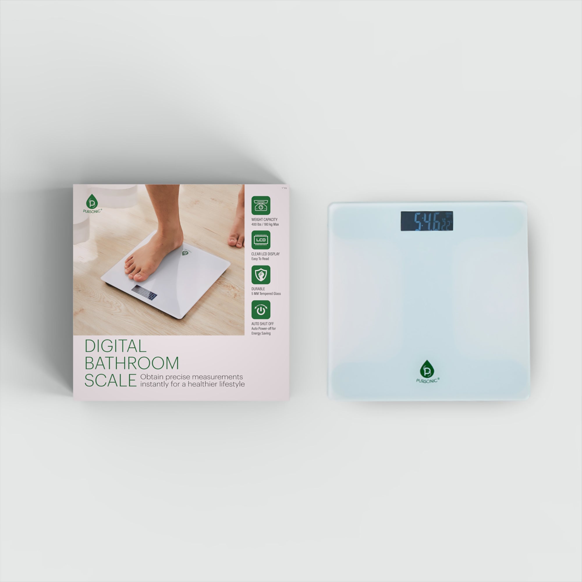 Sleek tempered glass digital bathroom scale with a clear LCD display reading precise weight measurements — view 5