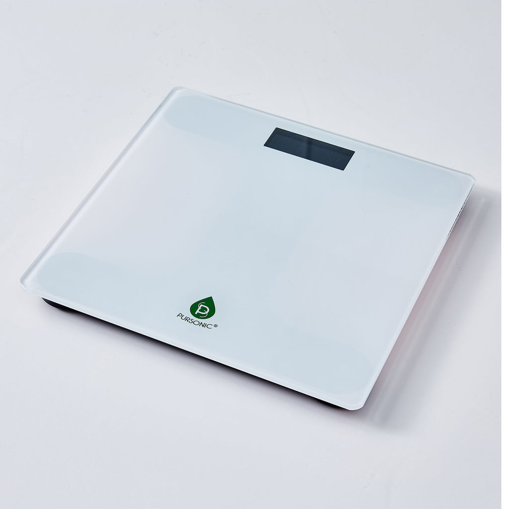 Sleek tempered glass digital bathroom scale with a clear LCD display reading precise weight measurements — view 3