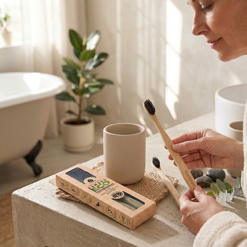 Two natural bamboo toothbrushes with bristles, packaged in sustainable recycled materials for daily oral care — view 5