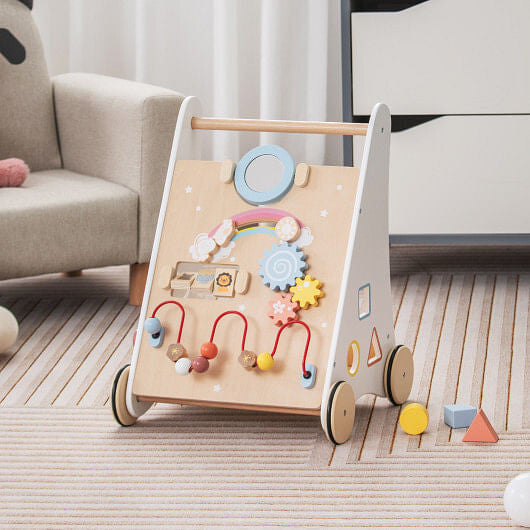 White wooden baby walker with activity center and rubberized wheels for early learning — view 2