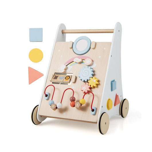 White wooden baby walker with activity center and rubberized wheels for early learning — view 5