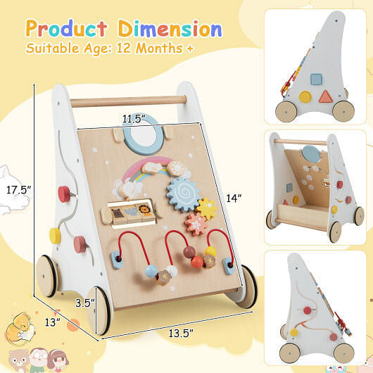 White wooden baby walker with activity center and rubberized wheels for early learning — view 3
