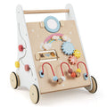 White wooden baby walker with activity center and rubberized wheels for early learning