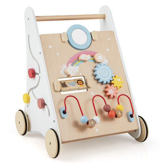 White wooden baby walker with activity center and rubberized wheels for early learning