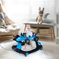 5-in-1 adjustable baby walker in toy car mode with wide anti-tip base and padded safety seat