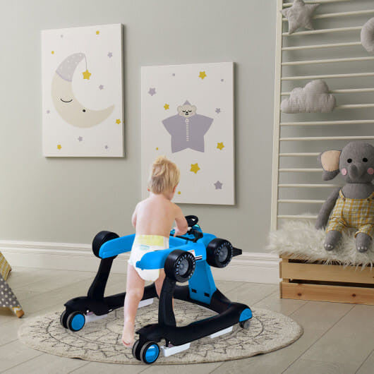 5-in-1 adjustable baby walker in toy car mode with wide anti-tip base and padded safety seat — view 2