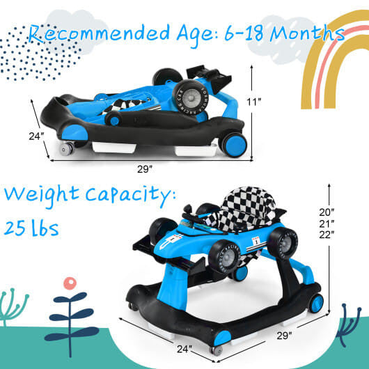 5-in-1 adjustable baby walker in toy car mode with wide anti-tip base and padded safety seat — view 3