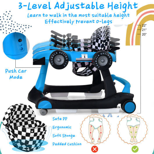 5-in-1 adjustable baby walker in toy car mode with wide anti-tip base and padded safety seat — view 4