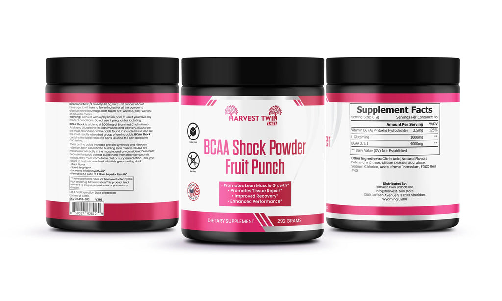 Container of BCAA Shock Powder in fruit punch flavor for advanced muscle recovery and endurance. — view 2