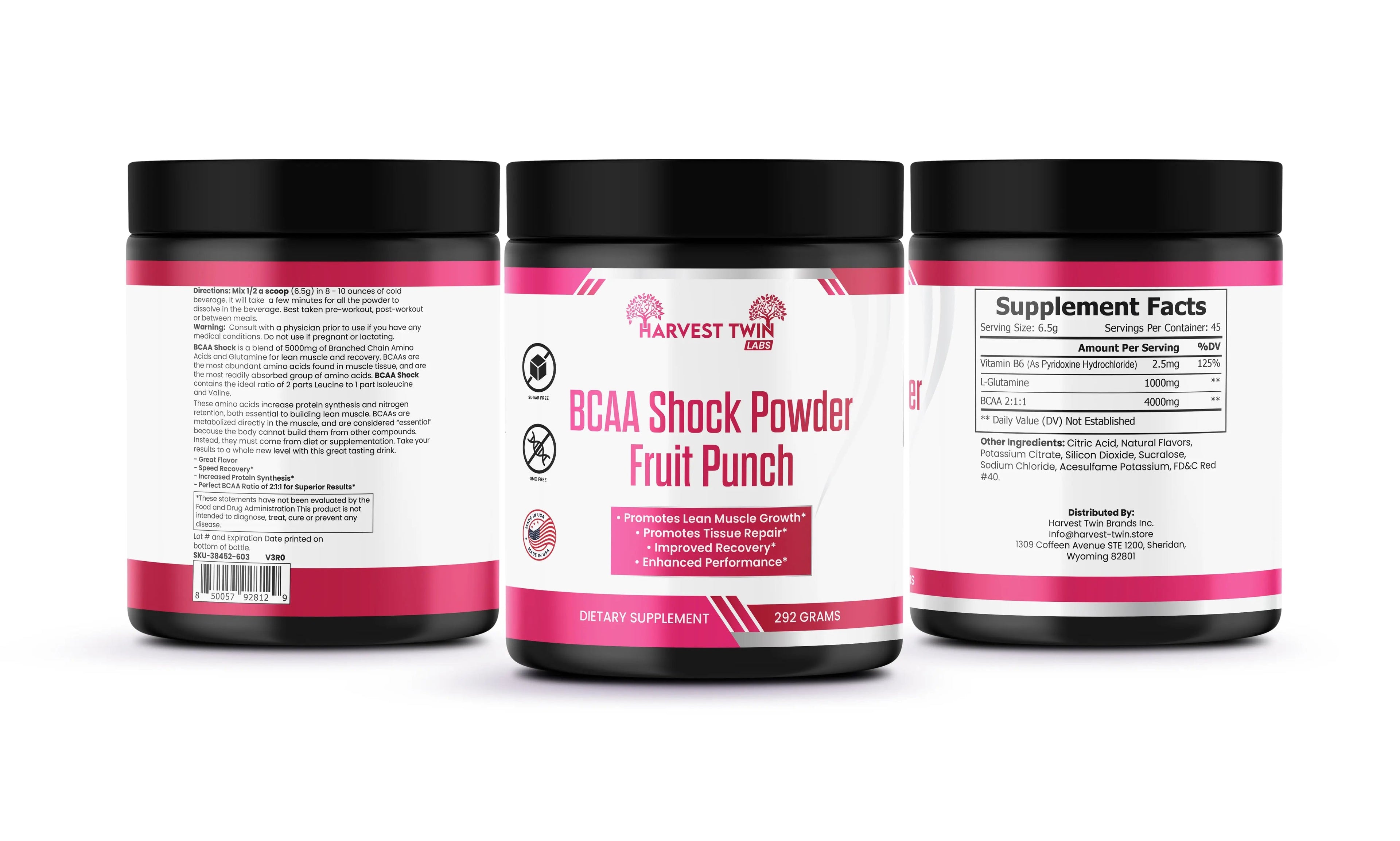 Container of BCAA Shock Powder in fruit punch flavor for advanced muscle recovery and endurance. — view 2