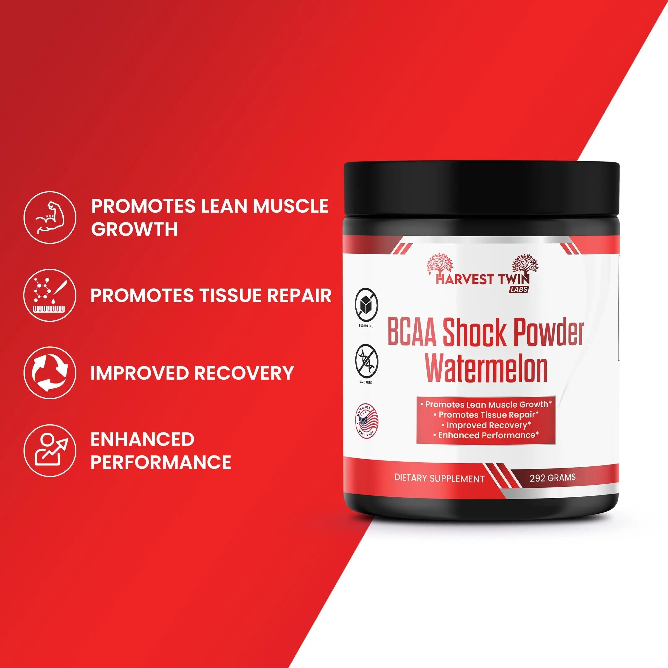 Container of pink watermelon flavored BCAA shock powder supplement for workout muscle recovery. — view 5