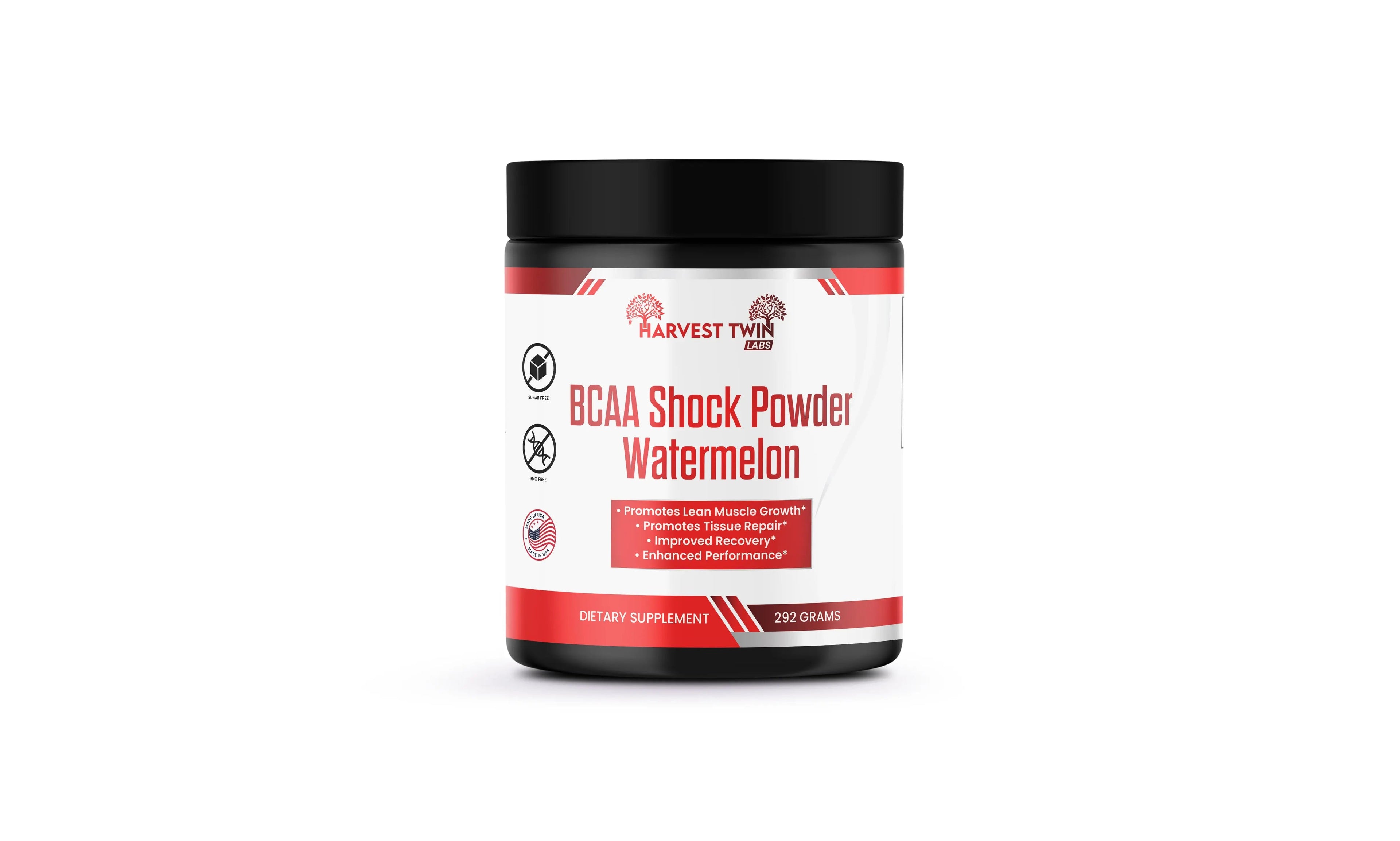 Container of pink watermelon flavored BCAA shock powder supplement for workout muscle recovery.