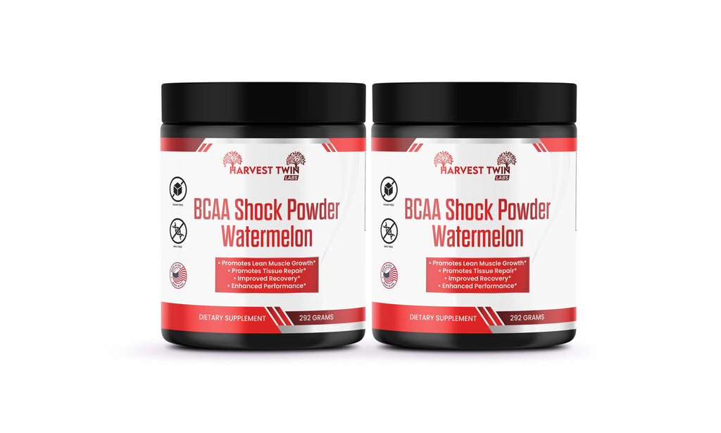 Container of pink watermelon flavored BCAA shock powder supplement for workout muscle recovery. — view 3