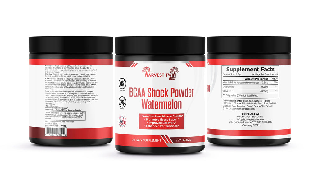 Container of pink watermelon flavored BCAA shock powder supplement for workout muscle recovery. — view 2