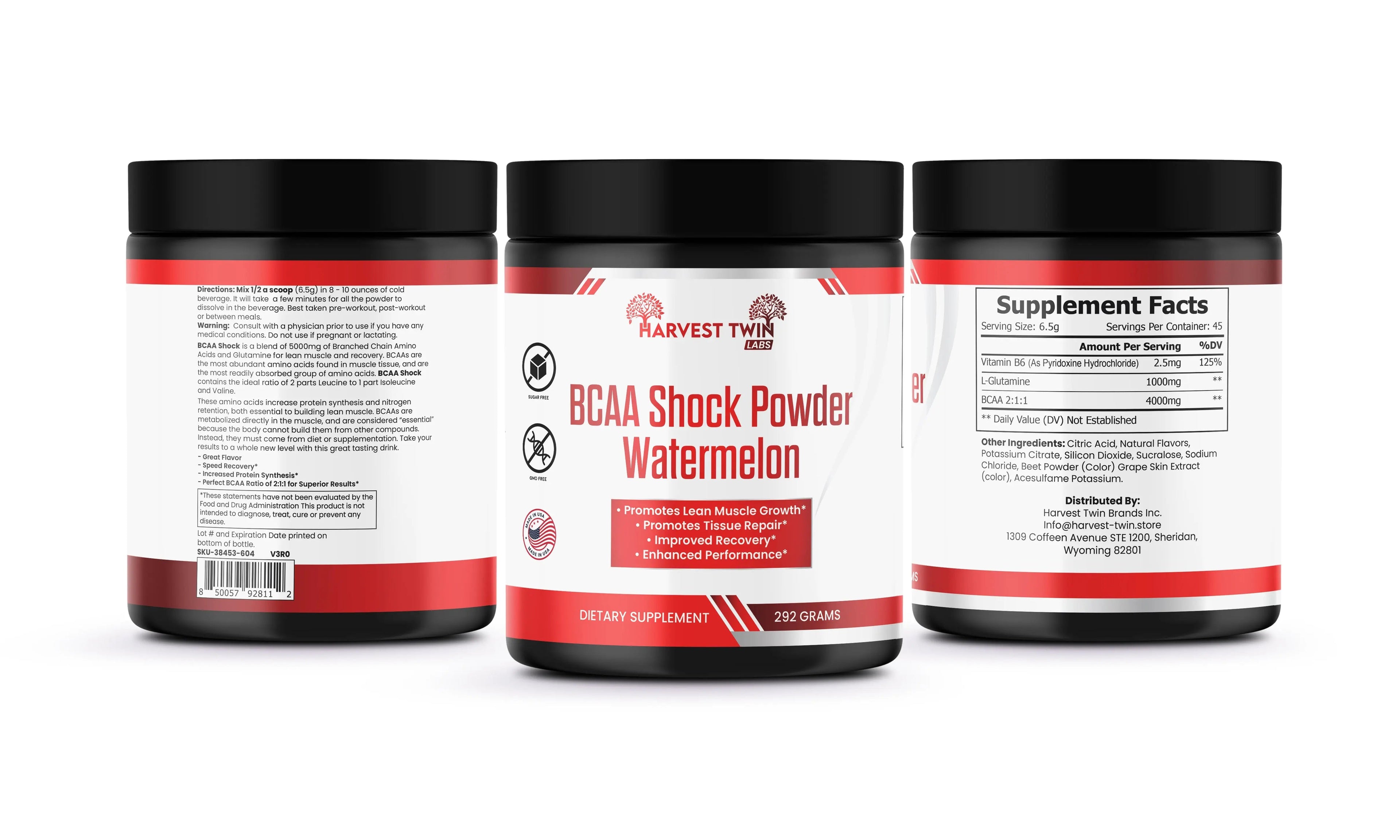 Container of pink watermelon flavored BCAA shock powder supplement for workout muscle recovery. — view 2