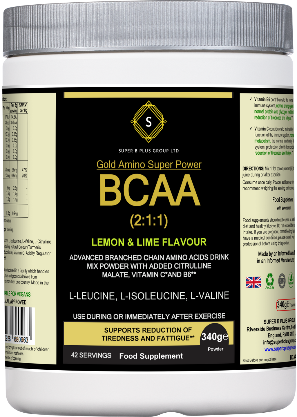 Gold Amino BCAA Supplement powder in lemon lime flavor with brand packaging and nutritional details