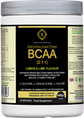 Gold Amino BCAA Supplement powder in lemon lime flavor with brand packaging and nutritional details
