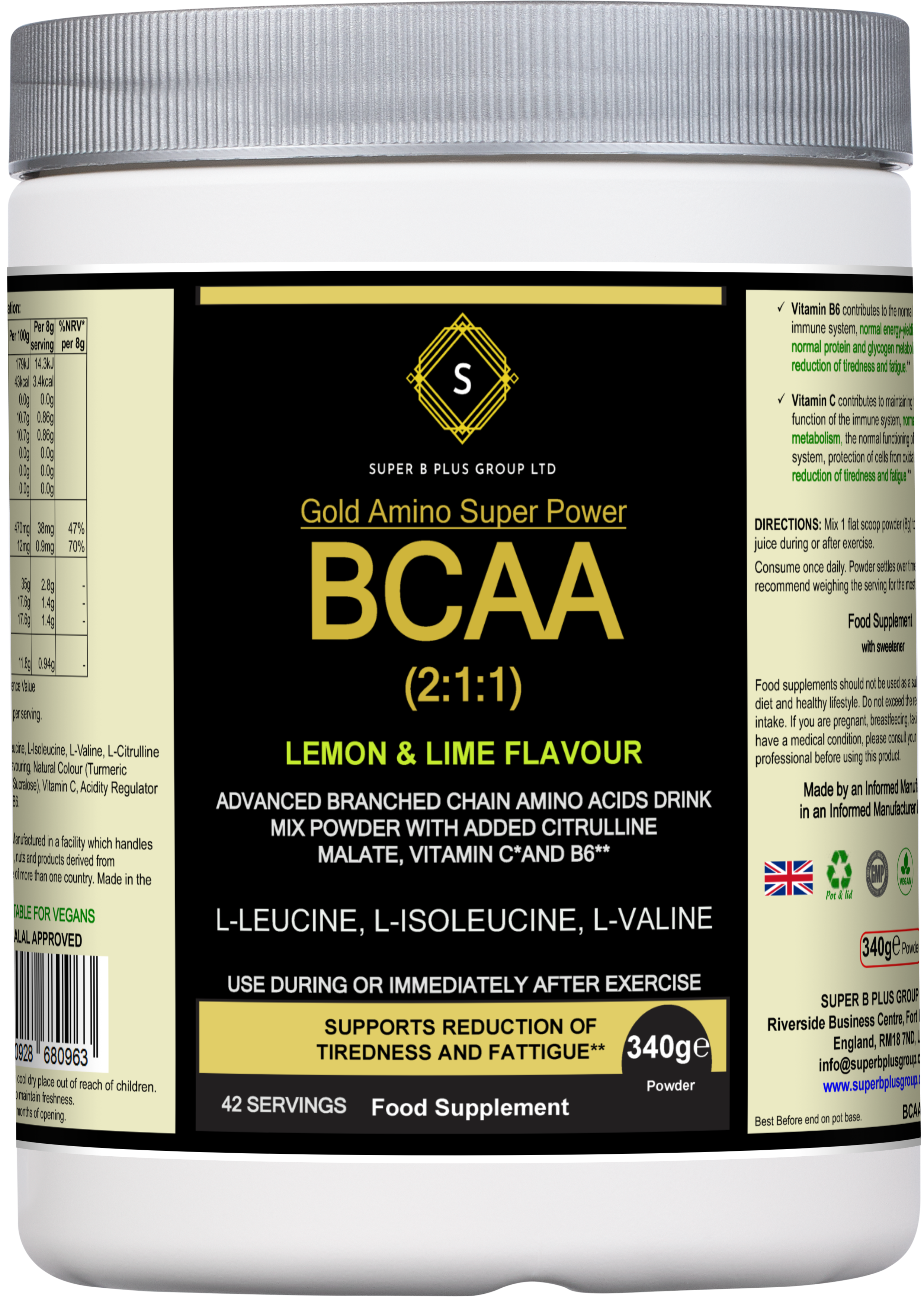 Gold Amino BCAA Supplement powder in lemon lime flavor with brand packaging and nutritional details