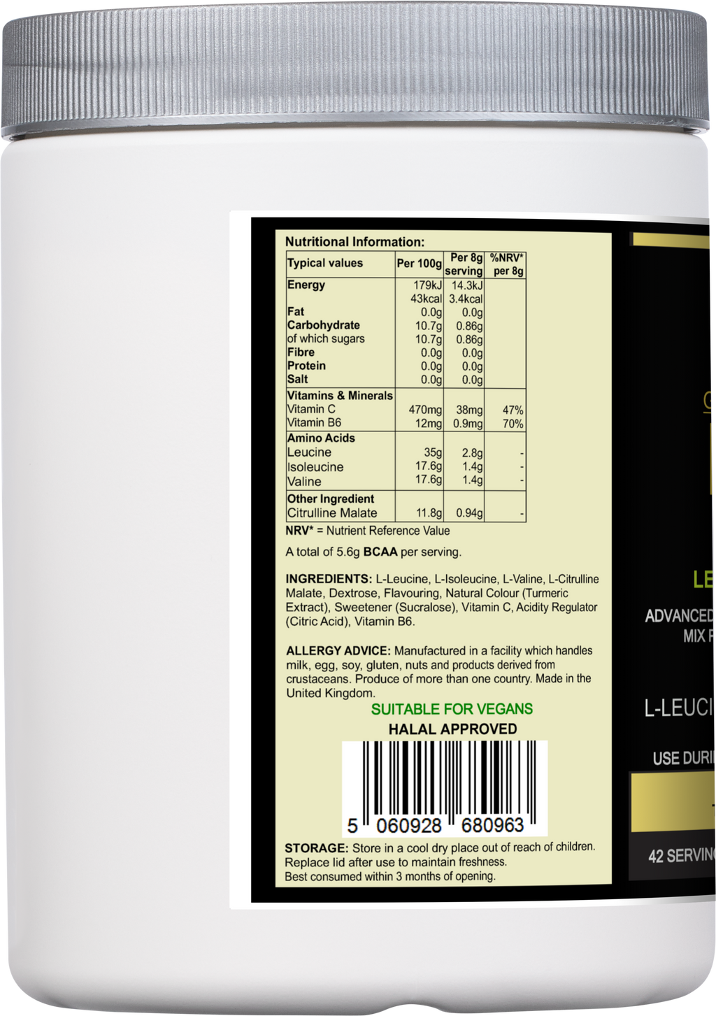 Gold Amino BCAA Supplement powder in lemon lime flavor with brand packaging and nutritional details — view 2