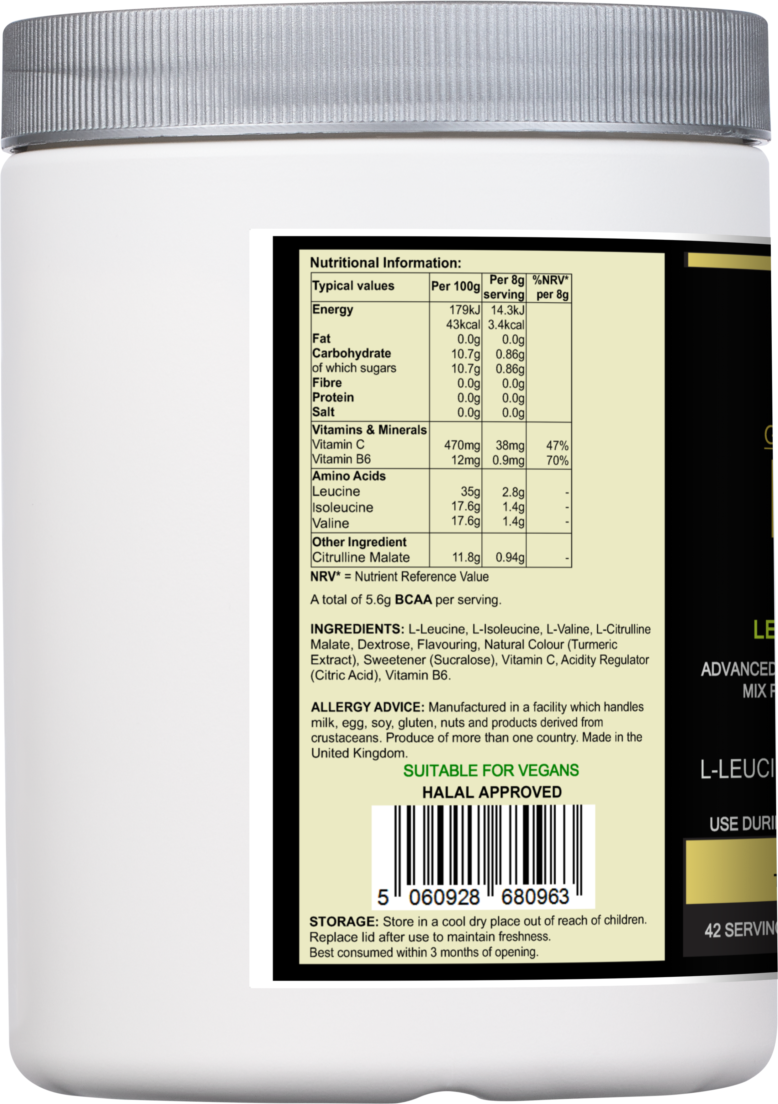Gold Amino BCAA Supplement powder in lemon lime flavor with brand packaging and nutritional details — view 2