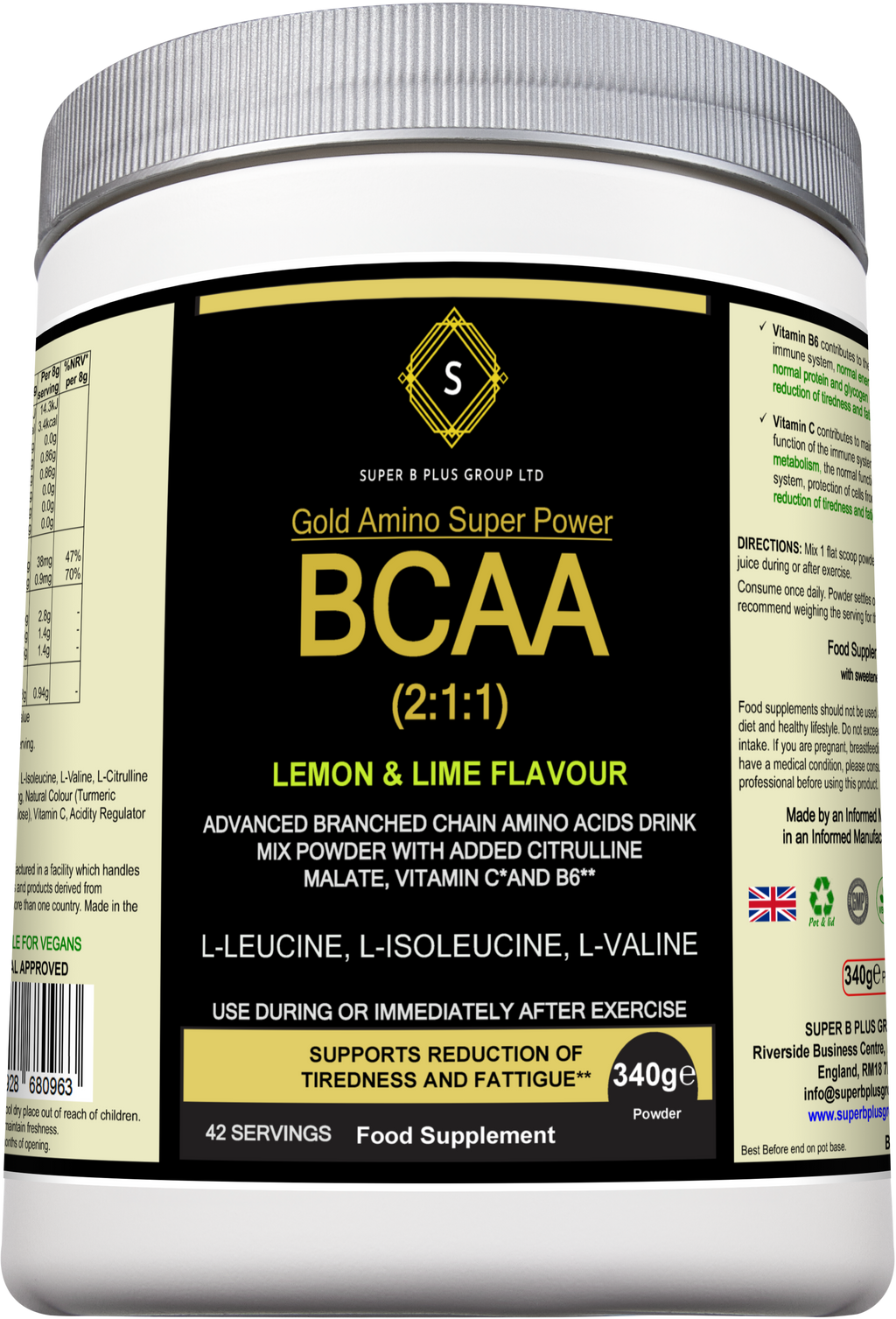 Gold Amino BCAA Supplement powder in lemon lime flavor with brand packaging and nutritional details — view 4
