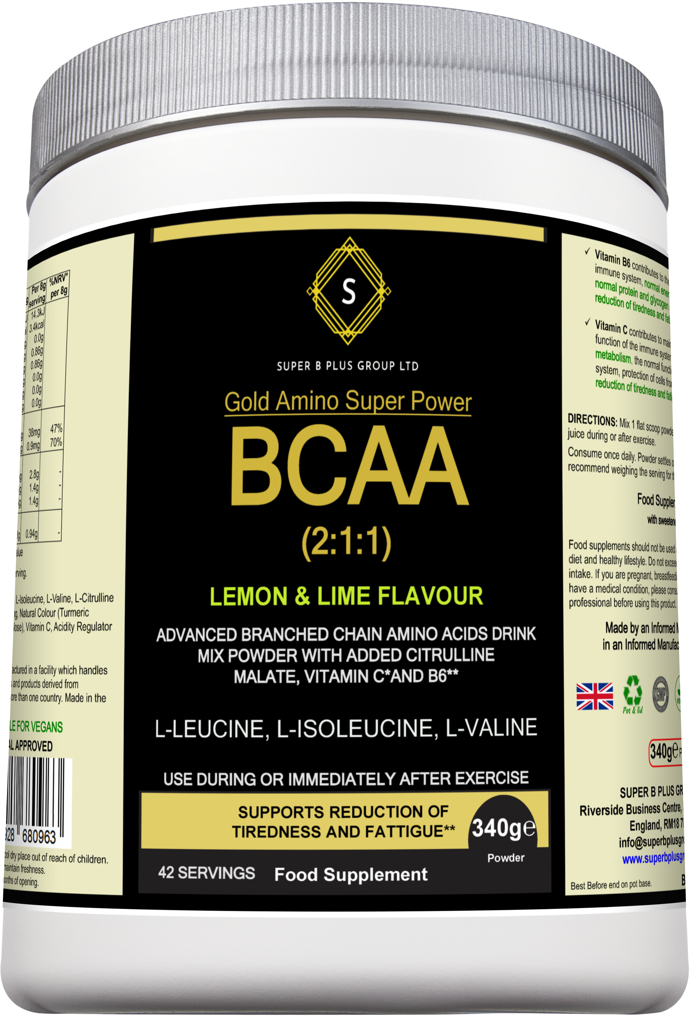 Gold Amino BCAA Supplement powder in lemon lime flavor with brand packaging and nutritional details — view 4