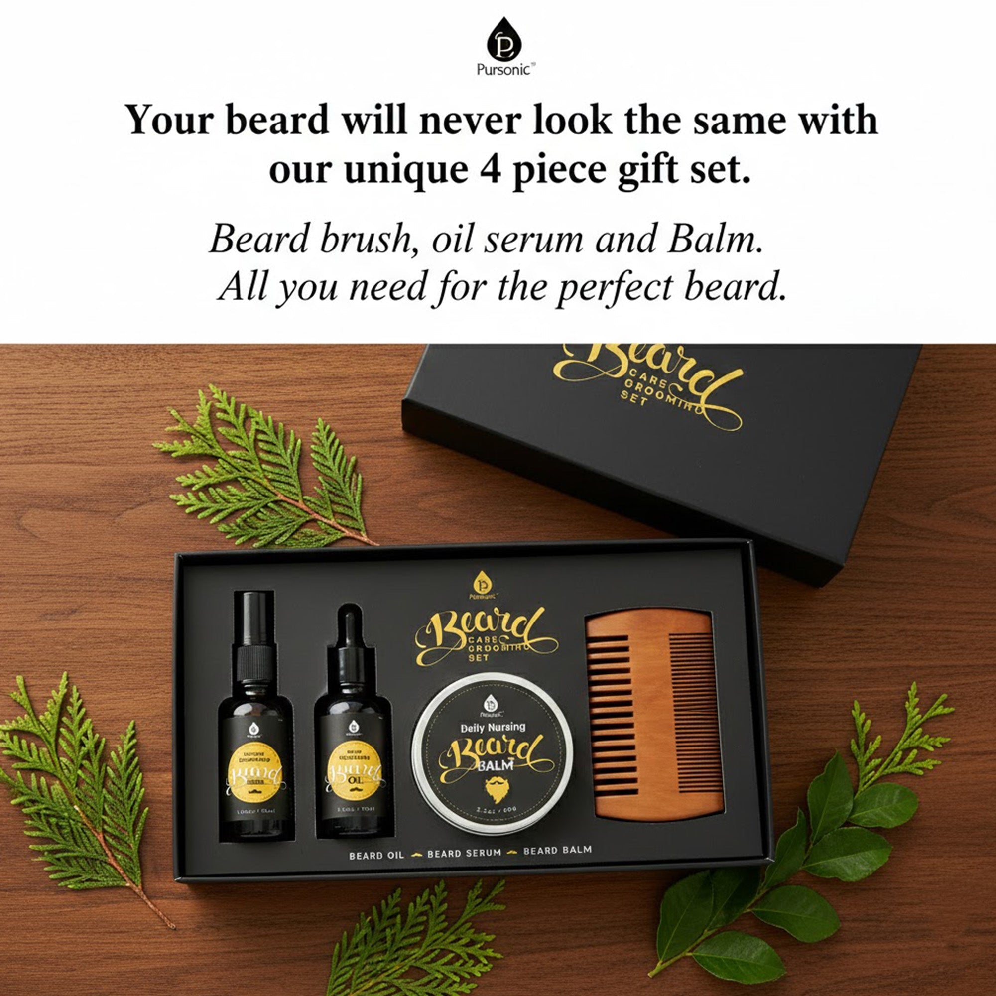 Four piece beard care grooming kit with styling comb, bottled oil, serum, and balm tin — view 2