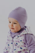Spring-fall baby hat in double cotton with ear protection flaps and secure chin tie strings