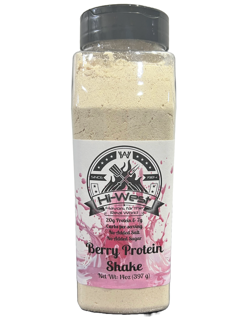 Hi-West berry protein shake bottle featuring 20g protein label and fresh berry graphics