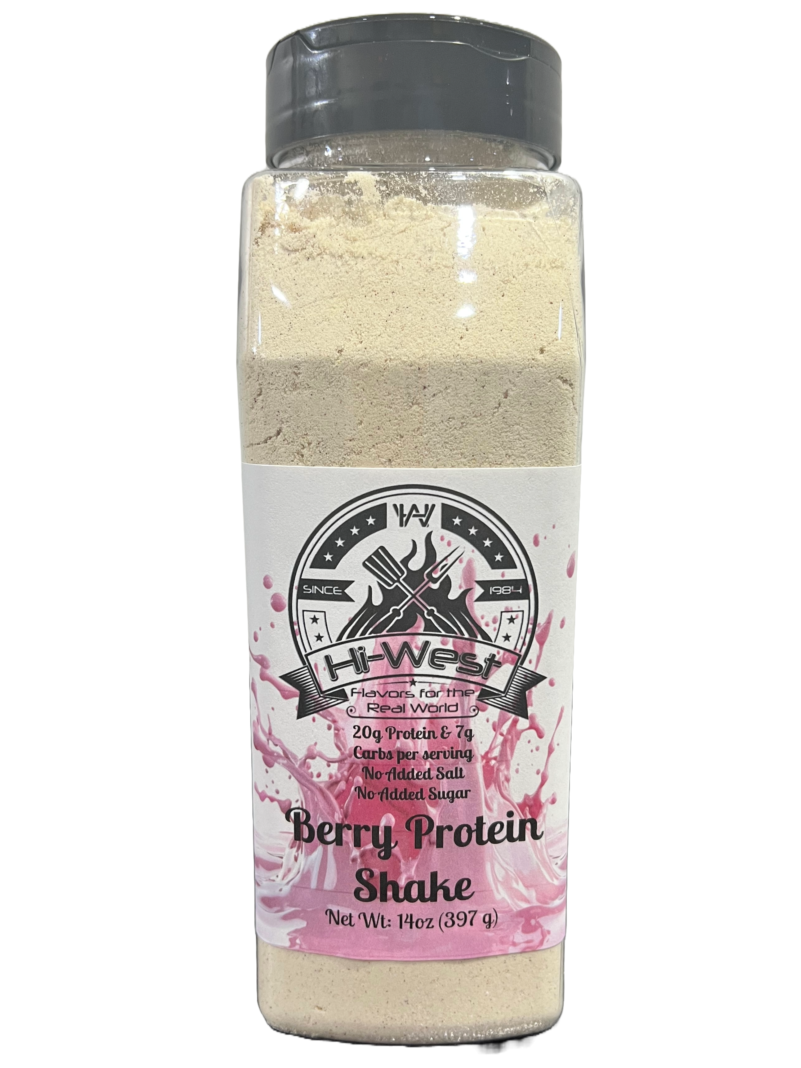 Hi-West berry protein shake bottle featuring 20g protein label and fresh berry graphics