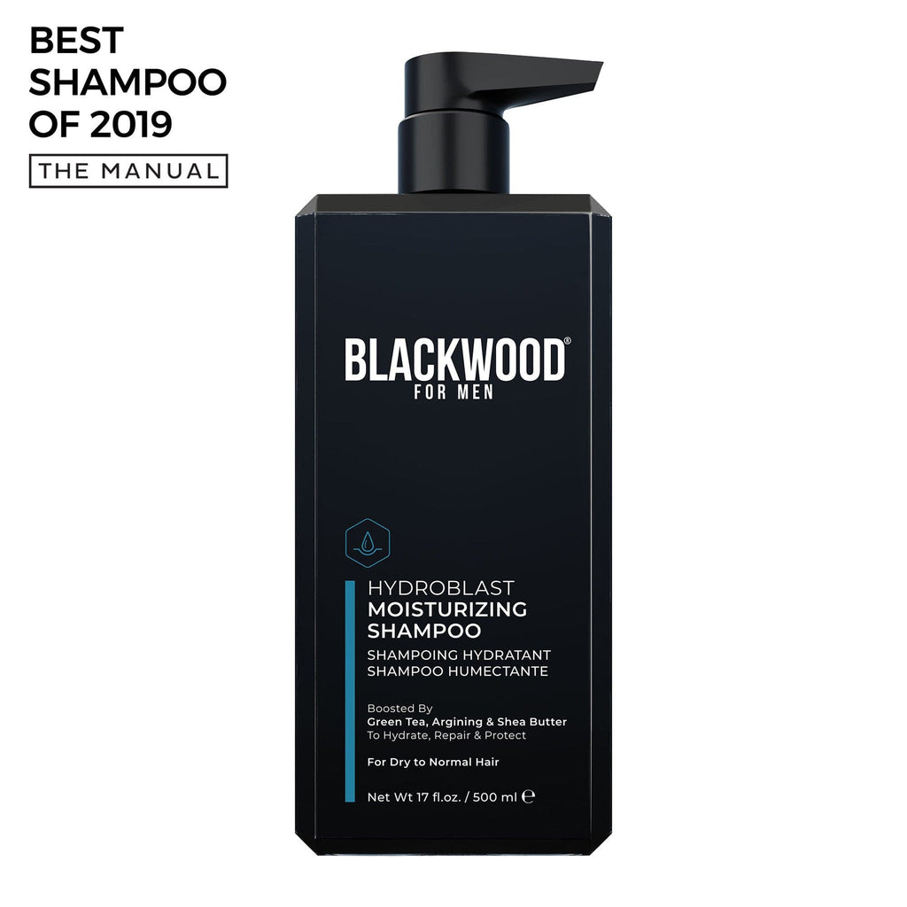 HydroBlast moisturizing shampoo bottle for men featuring natural botanical ingredients for daily hydration and hair care
