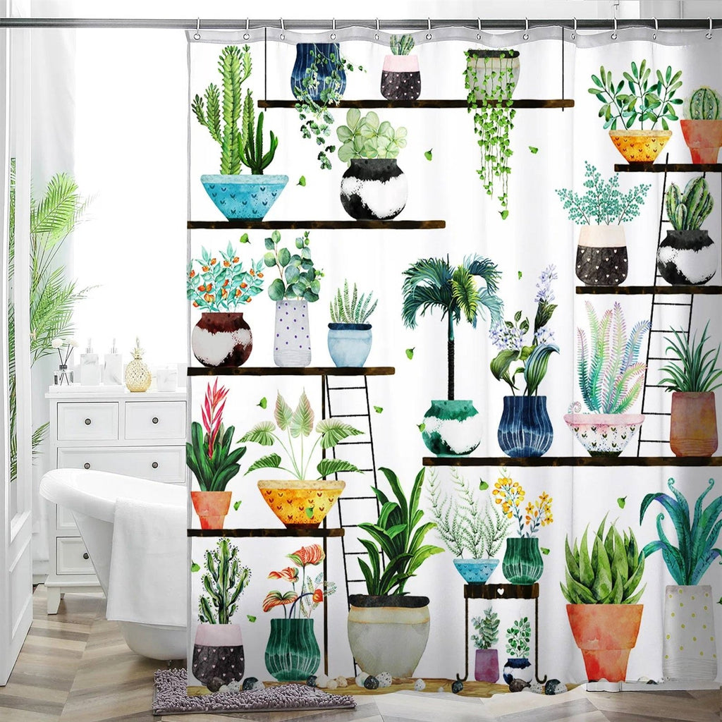 72-inch watercolor botanical shower curtain featuring vibrant floral succulent pots and rust-proof metal rings — view 2