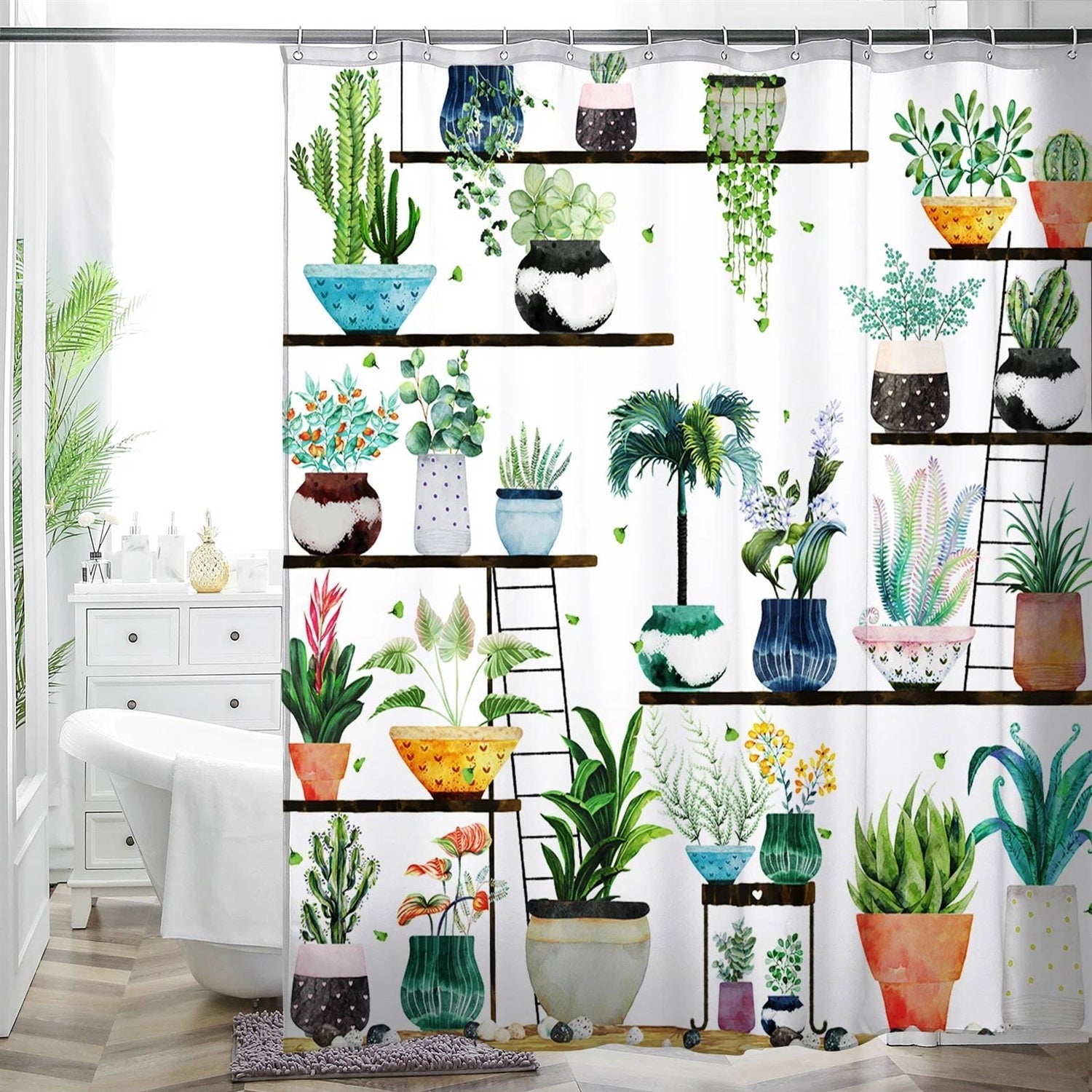 72-inch watercolor botanical shower curtain featuring vibrant floral succulent pots and rust-proof metal rings — view 2