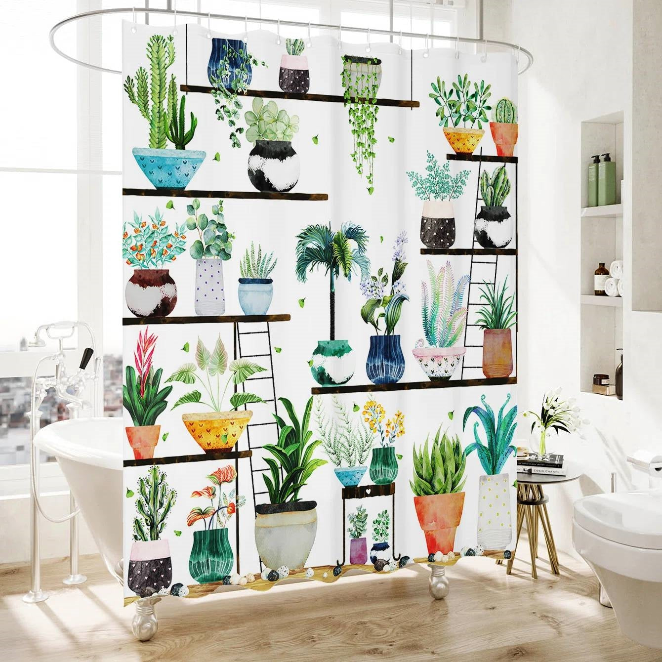 72-inch watercolor botanical shower curtain featuring vibrant floral succulent pots and rust-proof metal rings — view 4