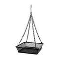 Black iron mesh hanging bird feeder seed tray with heavy duty metal chain for outdoor gardens