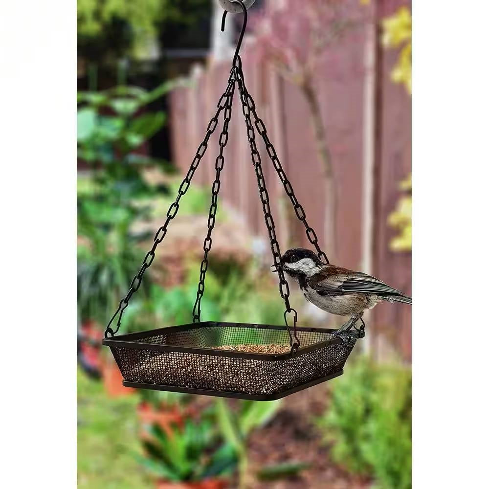 Black iron mesh hanging bird feeder seed tray with heavy duty metal chain for outdoor gardens — view 2