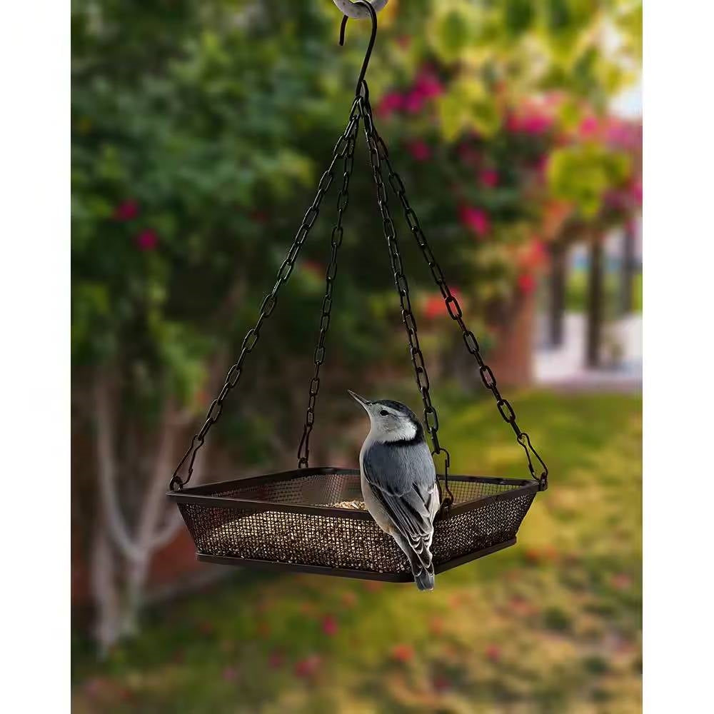 Black iron mesh hanging bird feeder seed tray with heavy duty metal chain for outdoor gardens — view 3