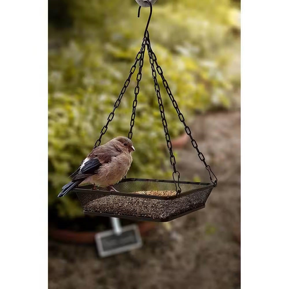 Black iron mesh hanging bird feeder seed tray with heavy duty metal chain for outdoor gardens — view 4