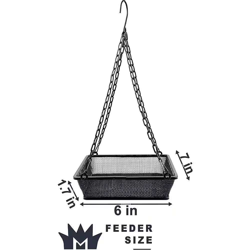 Black iron mesh hanging bird feeder seed tray with heavy duty metal chain for outdoor gardens — view 5