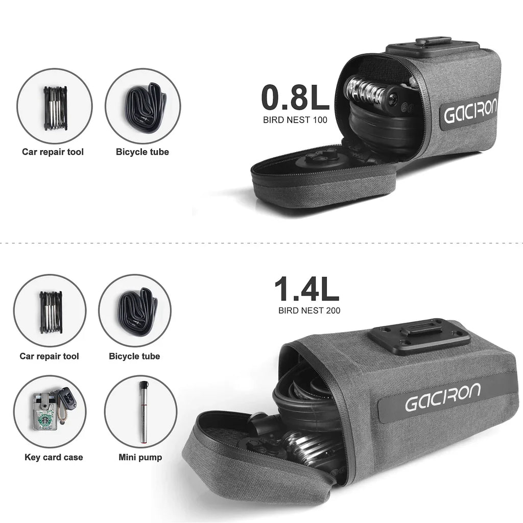 Black waterproof bicycle saddle bag with integrated smart taillight mounted securely under a bike seat — view 3