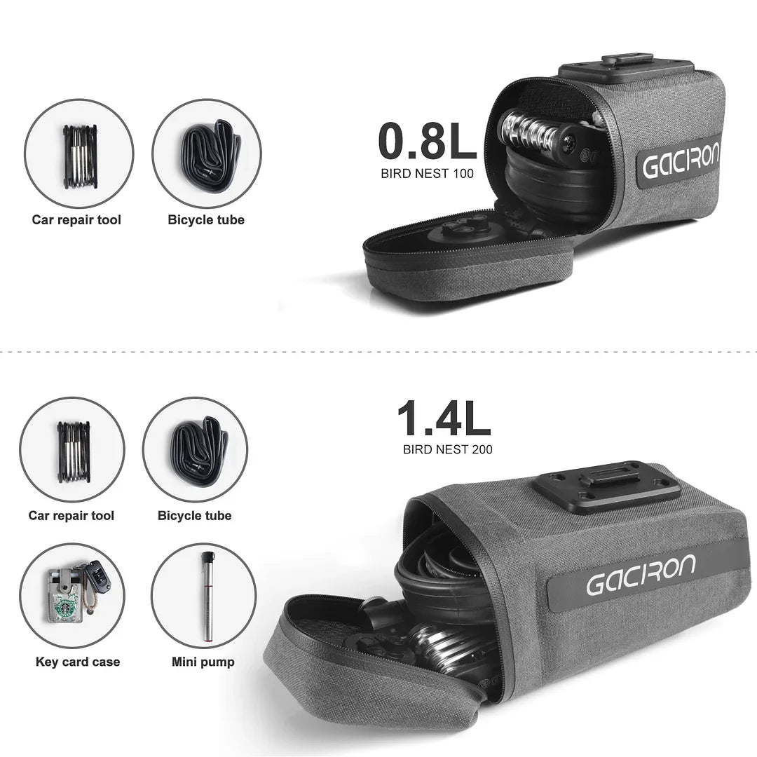 Black waterproof bicycle saddle bag with integrated smart taillight mounted securely under a bike seat — view 3