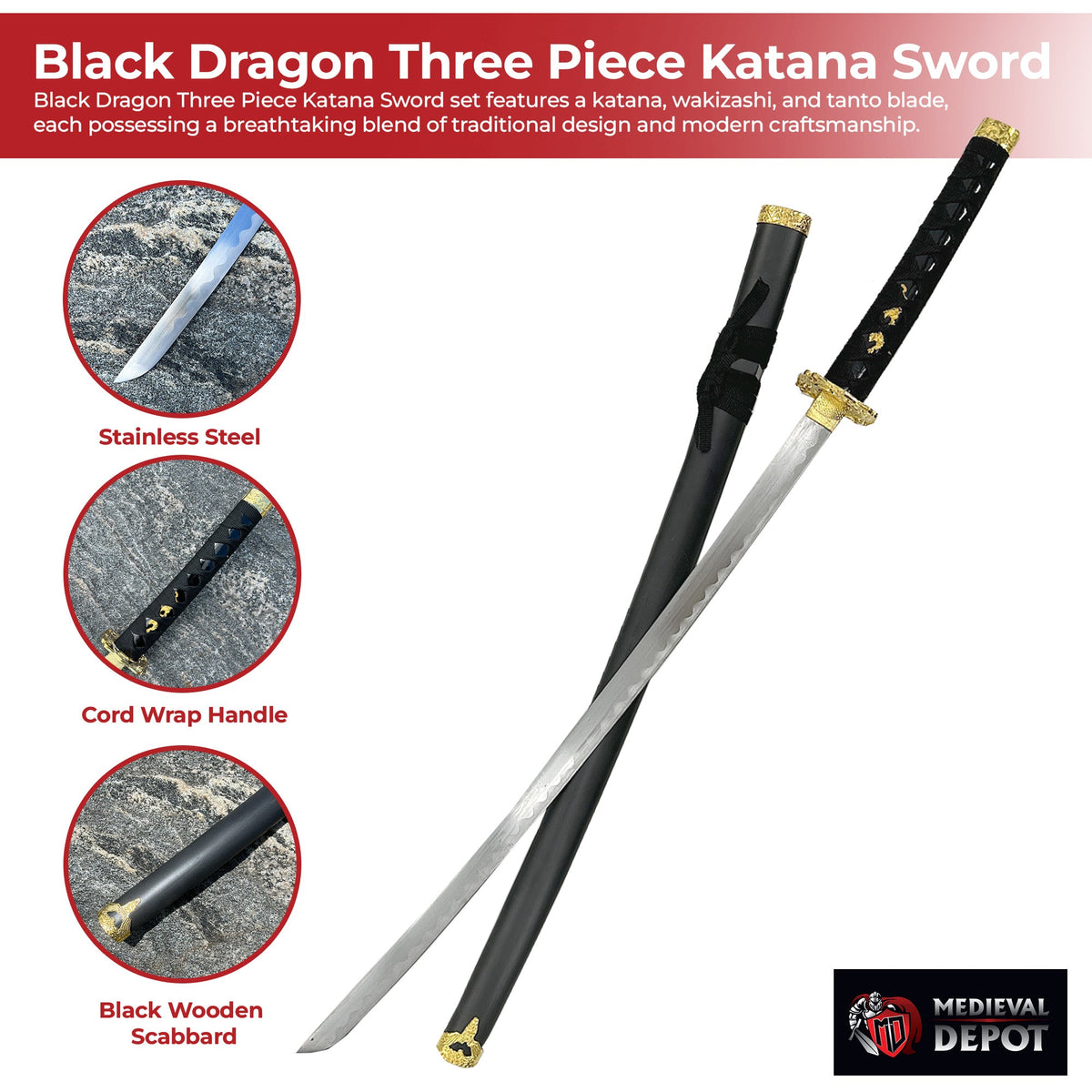 Black Dragon Three Piece Katana Sword Set with Desktop Stand-2
