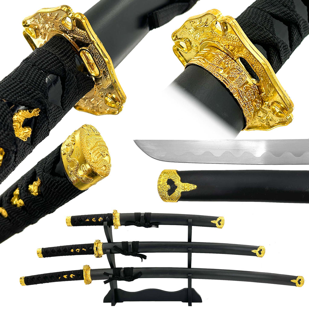 Black Dragon Three Piece Katana Sword Set with Desktop Stand-0